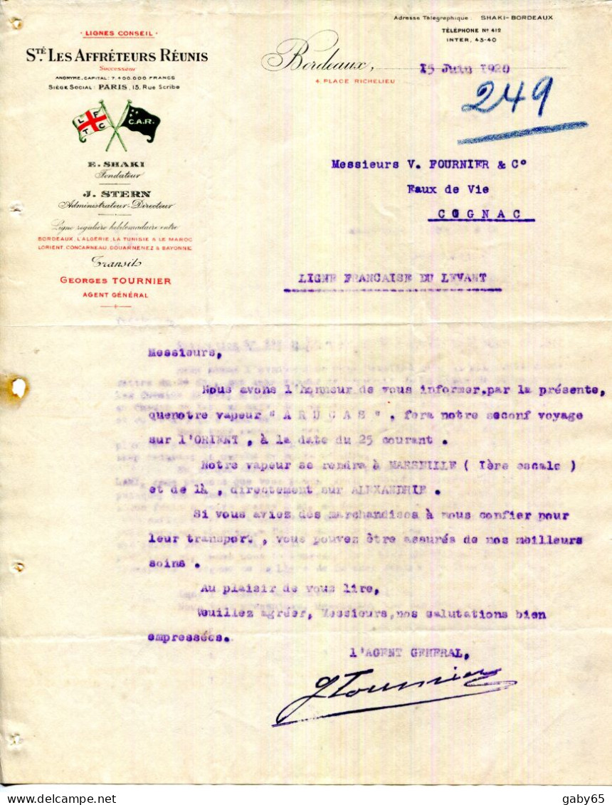 FACTURE.33.BORDEAUX.SOCIETE " LES AFFRETEURS REUNIS " E.SHAKI FONDATEUR. 4 PLACE RICHELIEU. - Verkehr & Transport