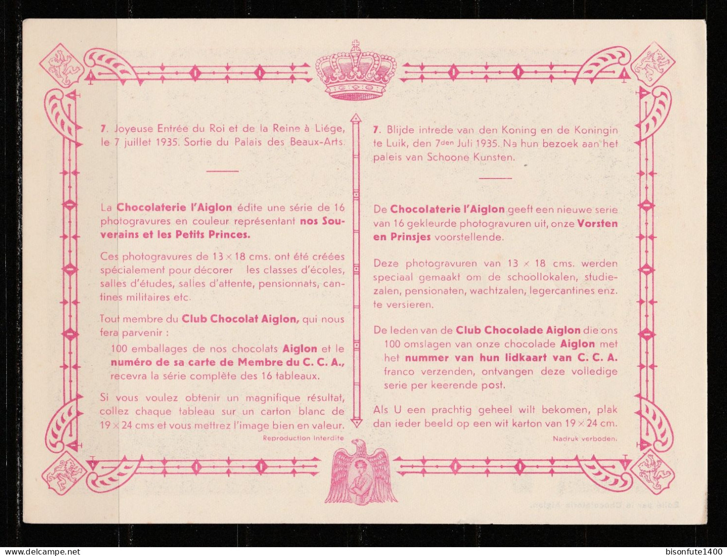 Chromo Chocolat L'Aiglon : N°7 : Joyeuse Entrée Du Roi Et De La Reine à Liège Le 07.07.1935 ( Voir Photo ) - Aiglon