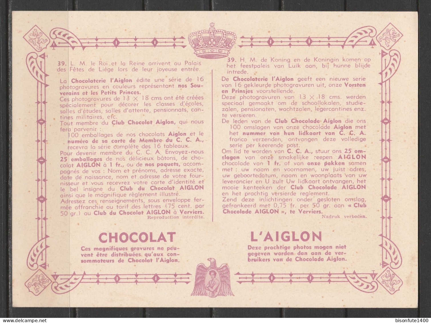 Chromo Chocolat L'Aiglon : N°39 : Le Roi Et La Reine Arrivent Au Palais Des Fêtes De Liège ( Voir Photo ) - Aiglon