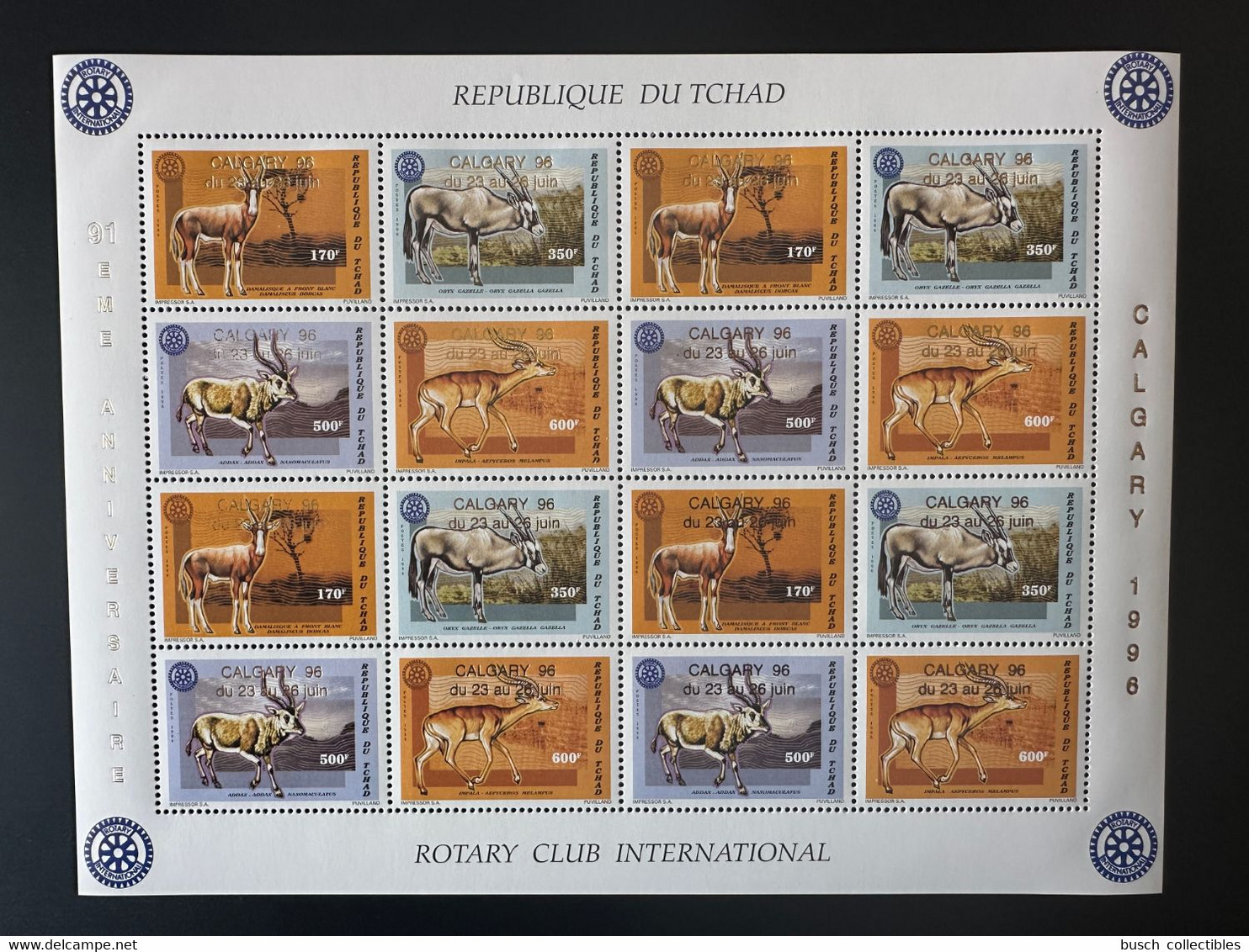 Tchad Chad Tschad 1996 Mi. 1452 - 1455 A Kleinbogen Rotary International Calgary Gold Overprint Surcharge Or Faune Fauna - Tchad (1960-...)