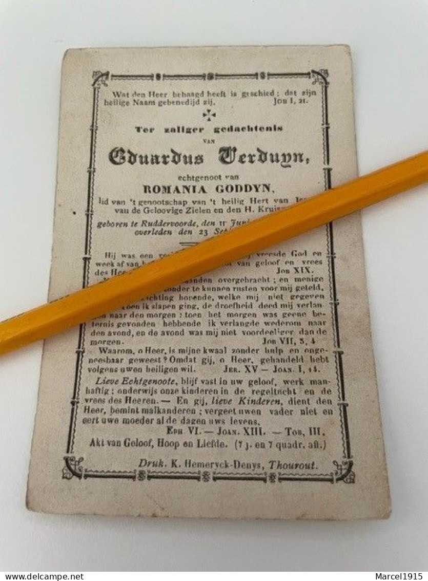 Bidprentje RUDDERVOORDE EDUARDUS VERDUYN ° 11/6/1852 EN ER OVERLEDEN OP 23/9/1890, Echtgenoot ROMANIA GODDYN - Religión & Esoterismo