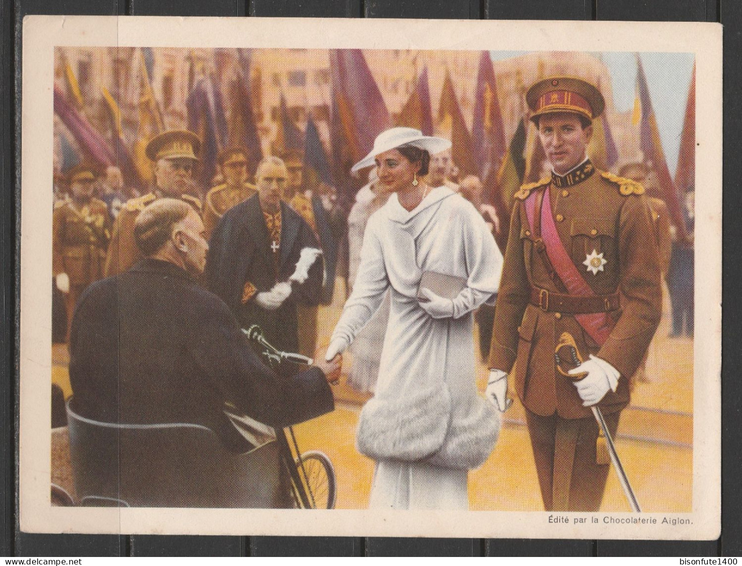 Chromo Chocolat L'Aiglon : N°72 : Leurs Majestés à L'inauguration Du Monument Du Roi Albert à Anvers En 1935 ( Voir Ph.) - Aiglon