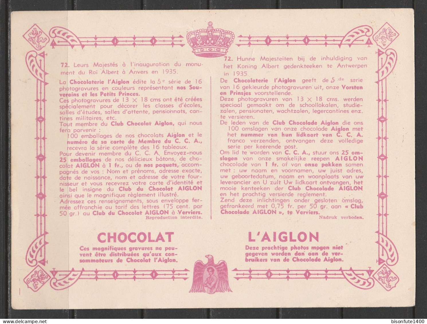 Chromo Chocolat L'Aiglon : N°72 : Leurs Majestés à L'inauguration Du Monument Du Roi Albert à Anvers En 1935 ( Voir Ph.) - Aiglon