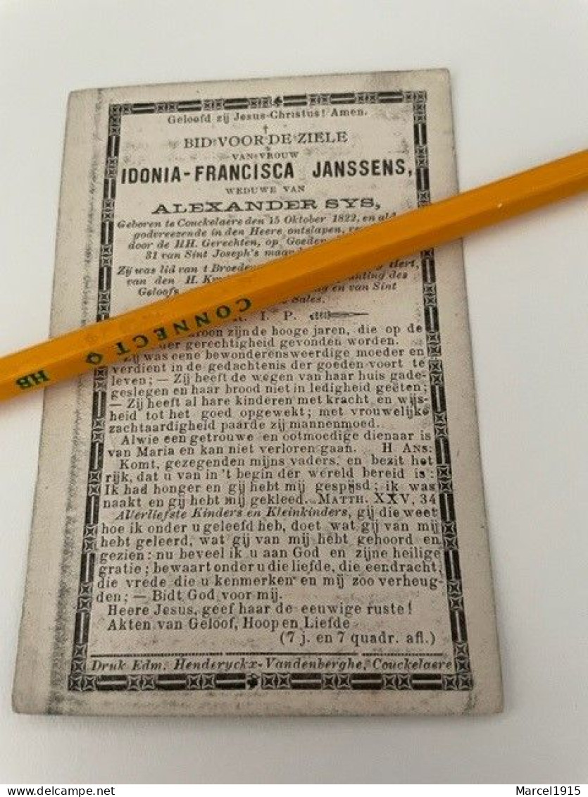 Bidprentje COUCKELAERE IDONIA FRANCISCA JANSSENS ° 15/10/1822 EN ER OVERLEDEN 31/3/1899,weduwe SYS ALEXANDER - Religión & Esoterismo