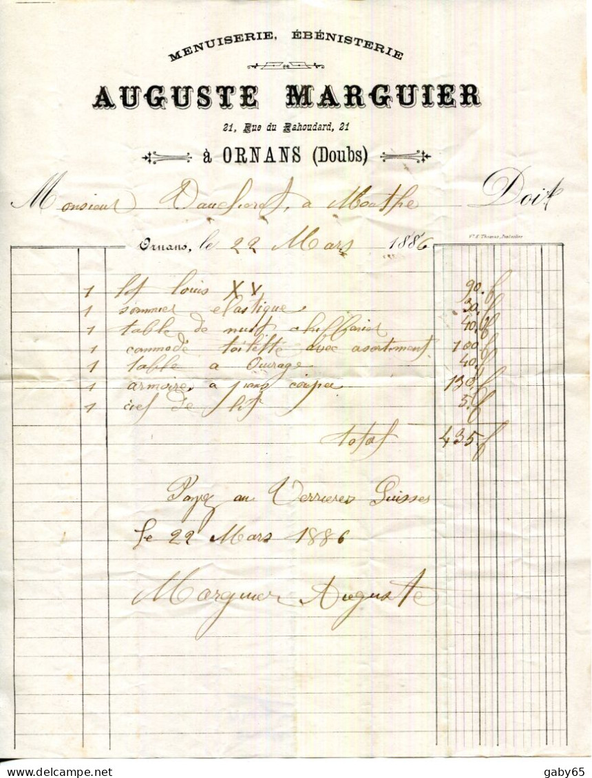 FACTURE.25.DOUBS.ORNANS.MENUISERIE.EBENISTERIE.AUGUSTE MARGUIER 21 RUE DU RAHOUDARD. - Straßenhandel Und Kleingewerbe