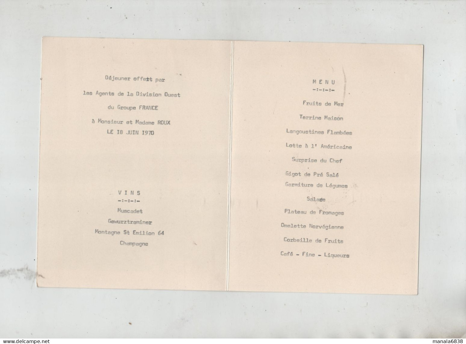 Nicol Suire  Déjeuner Offert Agents Division Ouest Groupe France Roux 1970 Menu - Menükarten