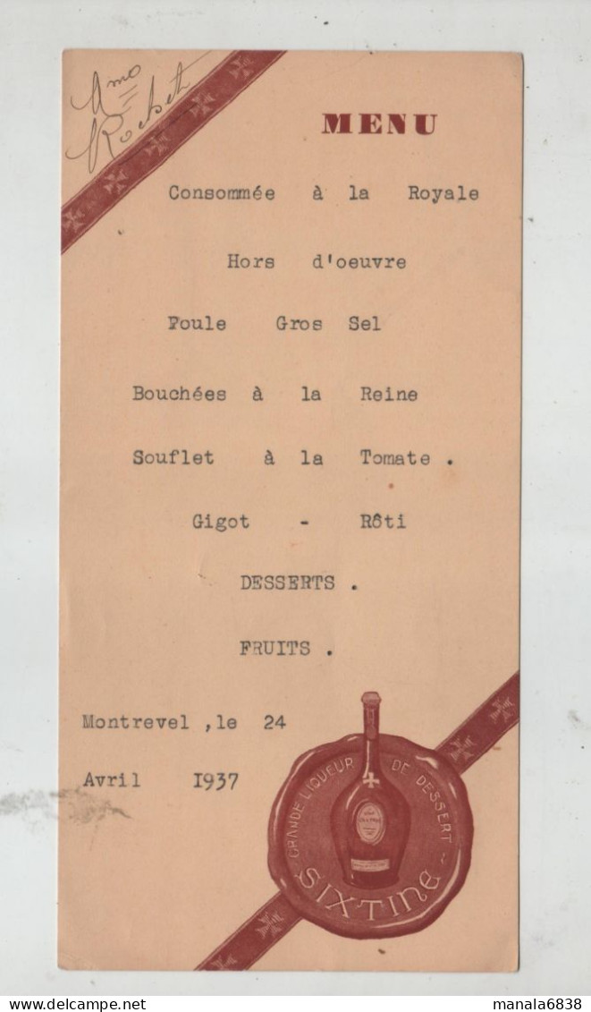 Montrevel 1937 Rochet Liqueur De Dessert  Sixtine Menu - Menus