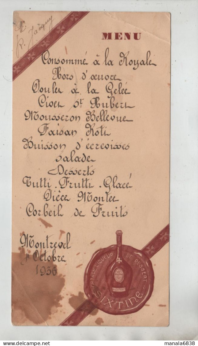 Montrevel 1936 Jacquy Liqueur De Dessert  Sixtine Menu - Menus