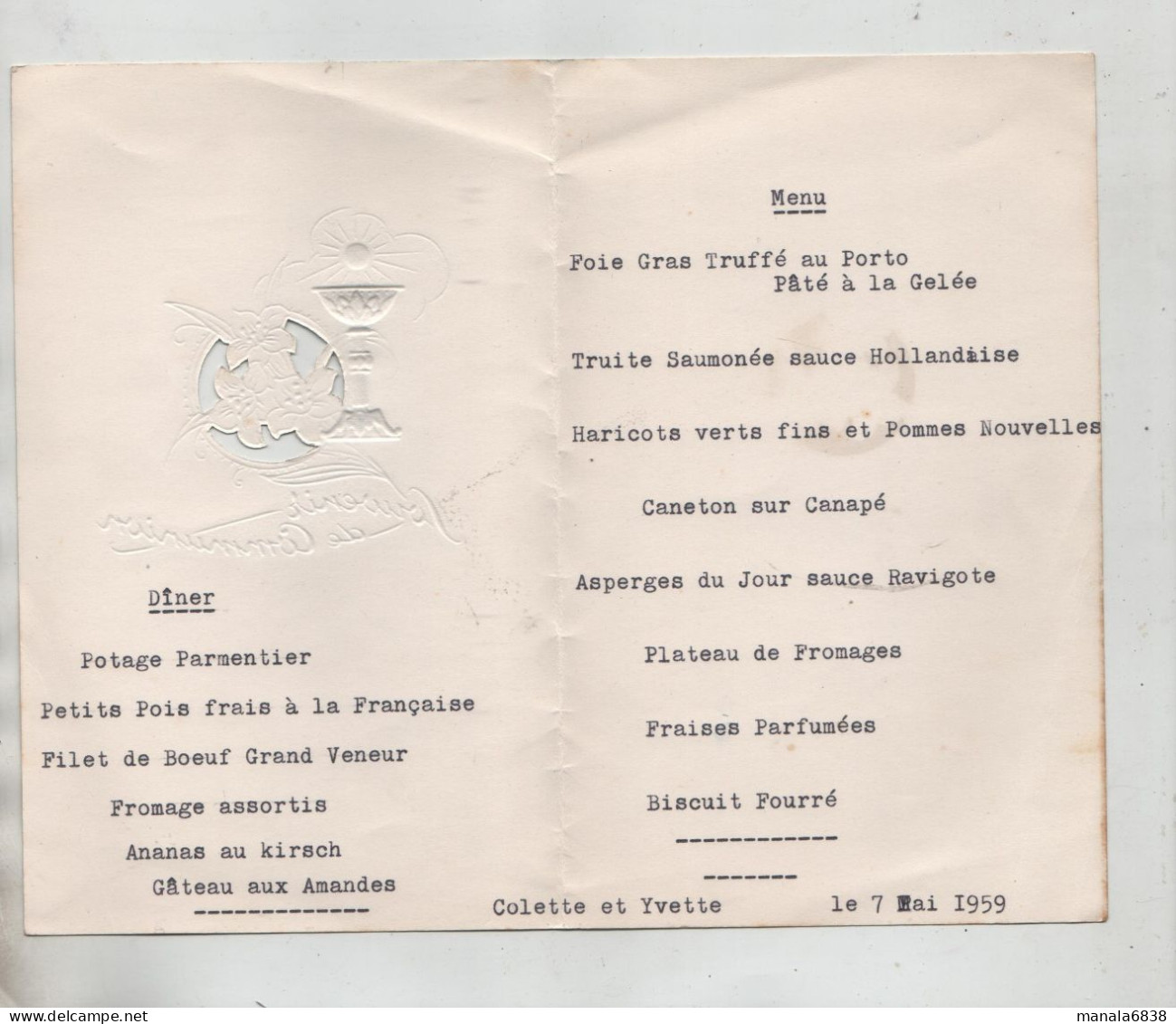 Menu Souvenir De Communion Colette Et Yvette 1959 Foie Gras Truffé - Menus