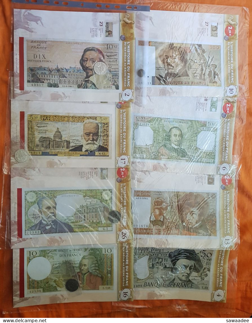 COLLECTION COMPLETE - L'HISTOIRE DU FRANC - LIVRET + 30 FAC SIMILE BILLETS ET 30 FAC SIMILE PIECES - EDITE EN 2006