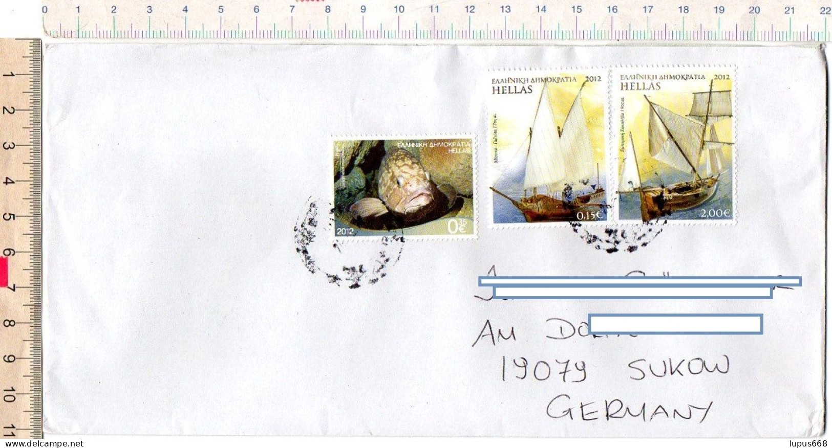 Griechenland 2012 MiNr. 2652 Barsch, 2686., 2689. Seefahrt II. Auf Langbrief, Rückseitig Mit Klebestreifen Verschlossen - Storia Postale