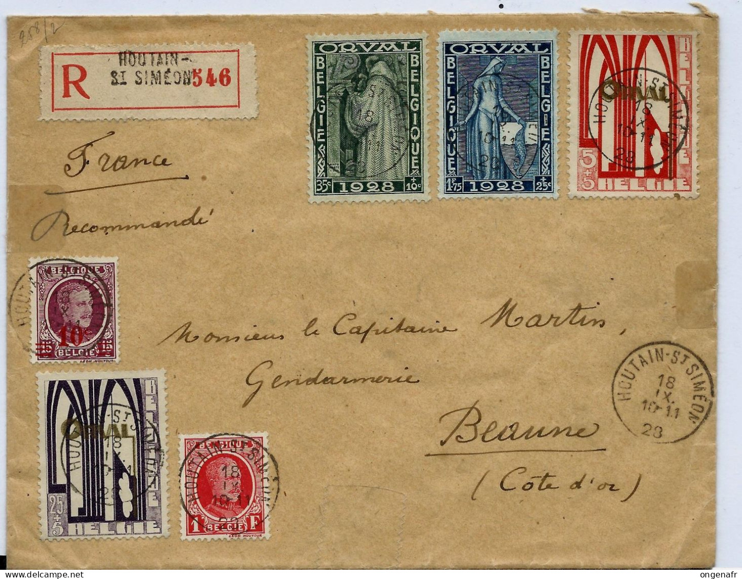 Plis En Rec.  De Houtain- St Siméon 18/09/1928  ( Timbres ORVAL Et Houyoux ) Vers La France - Landelijks Post