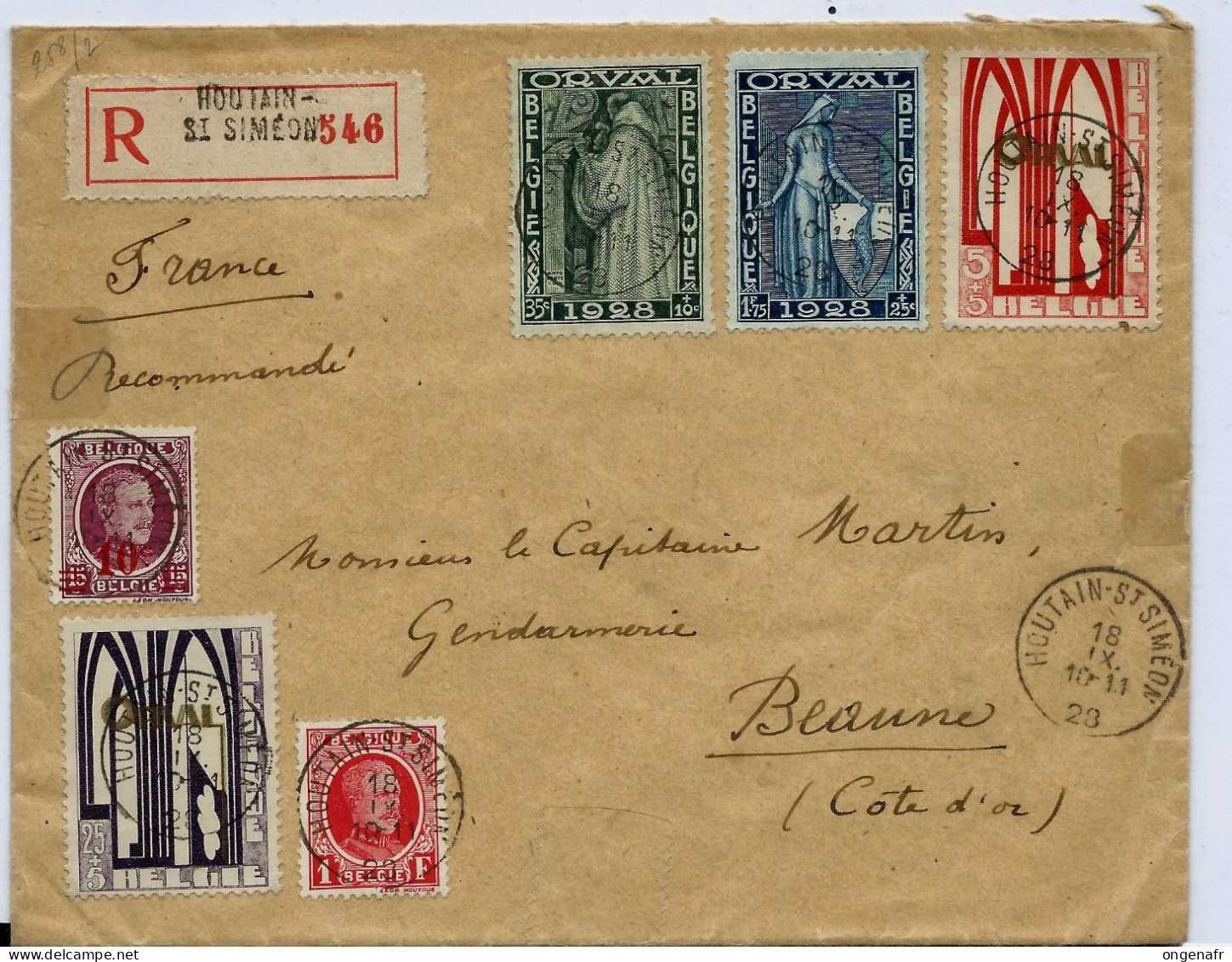 Plis En Rec.  De Houtain- St Siméon 18/09/1928  ( Timbres ORVAL Et Houyoux ) Vers La France - Poste Rurale