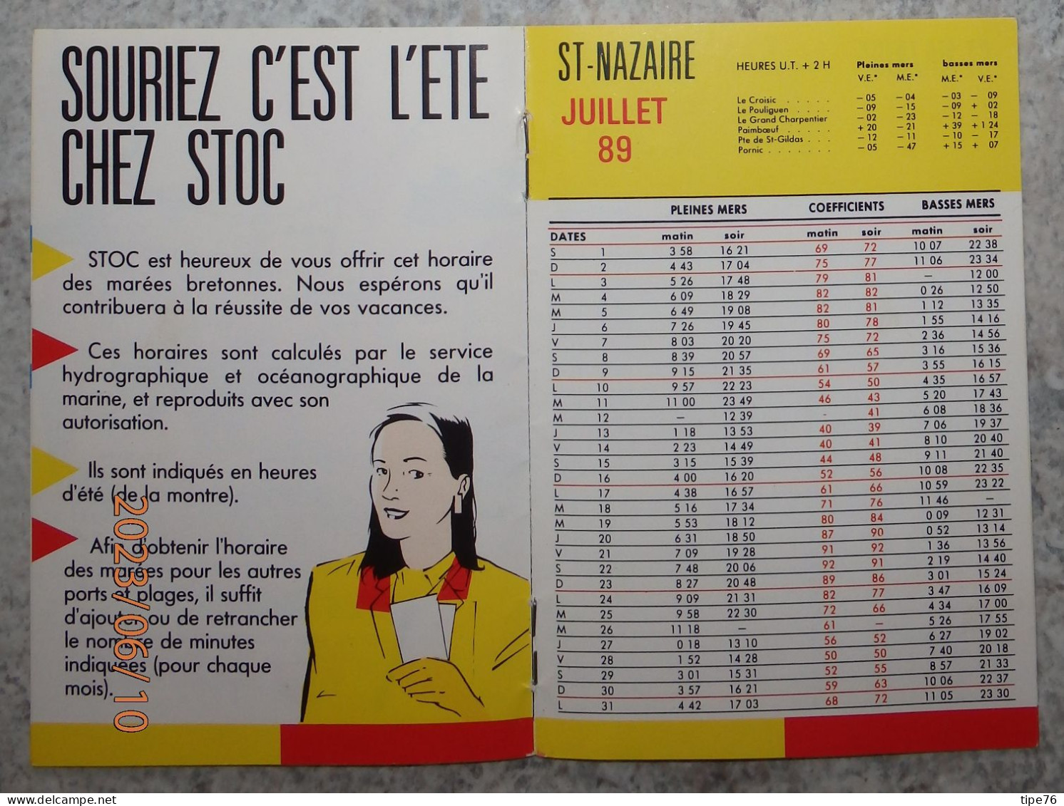 Horaires Des Marées 1989 Saint St Nazaire Loire Atlantique Juillet à Septembre - Magasin Stoc La Baule Savenay - Europe