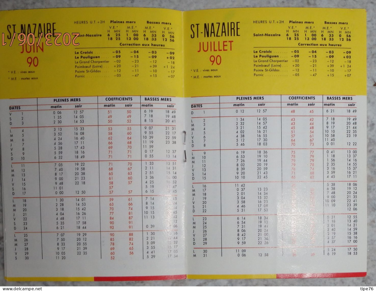 Horaires Des Marées 1990 Saint St Nazaire Loire Atlantique Juin à Septembre - Magasin Stoc La Baule Savenay - Europe