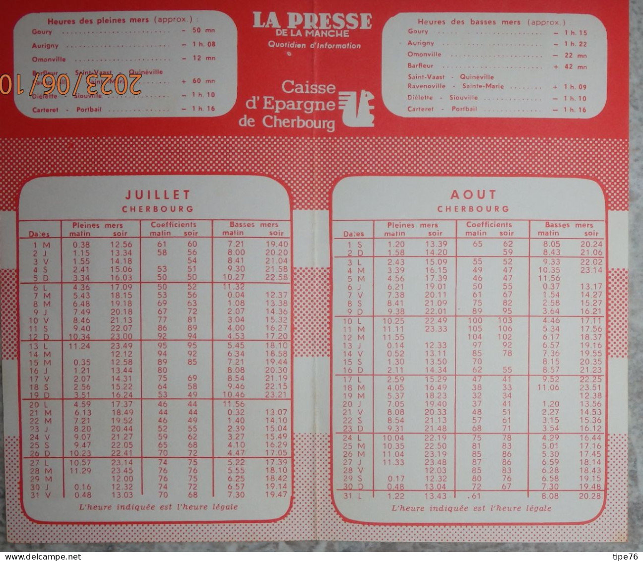 Horaires Des Marées 1987 Cherbourg  Juillet à Septembre Journal Presse De La Manche Et Caisse Epargne écureuil - Europe