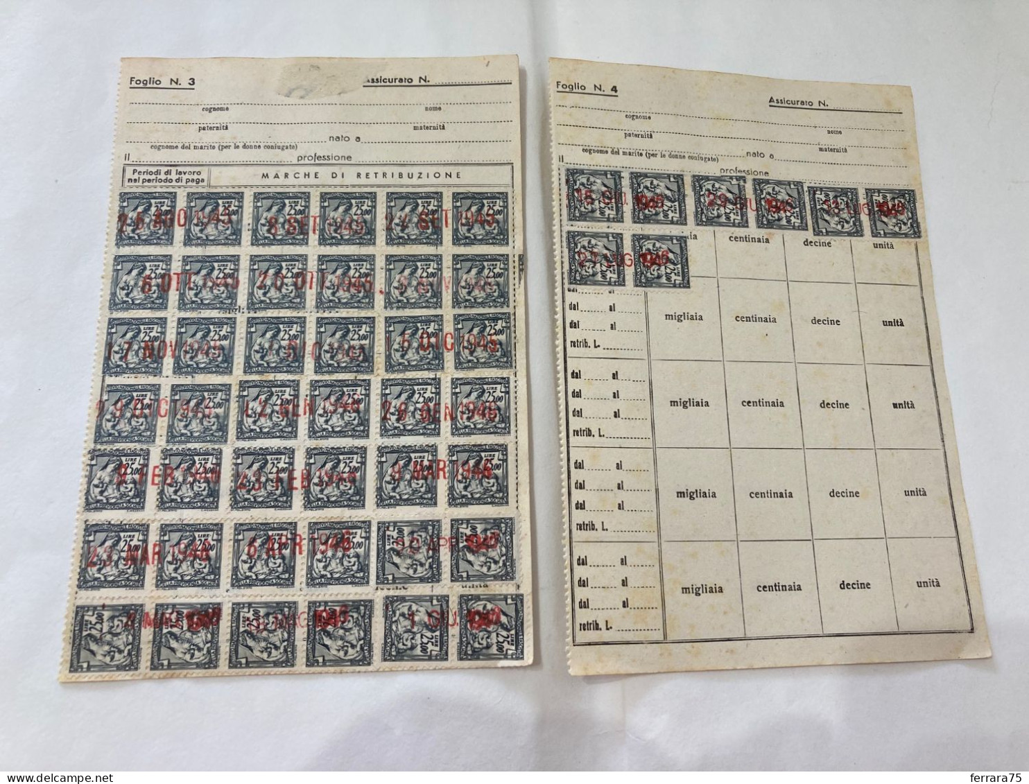 LOTTO MARCHE DA BOLLO LIRE 25,00 ISTITUTO NAZIONALE DELLA PREVIDENZA SOCIALE 1945/1946. - Revenue Stamps