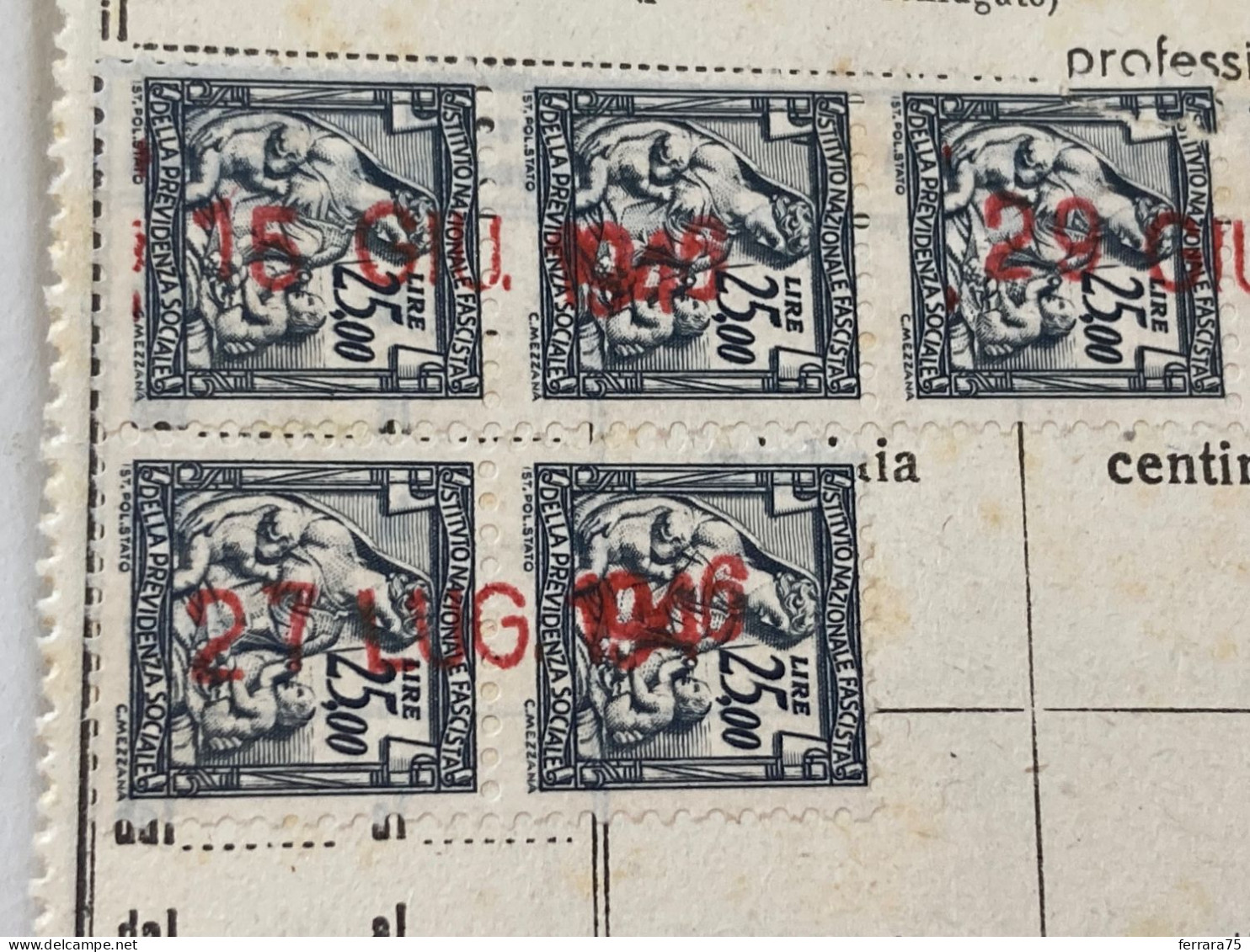 LOTTO MARCHE DA BOLLO LIRE 25,00 ISTITUTO NAZIONALE DELLA PREVIDENZA SOCIALE 1945/1946. - Revenue Stamps