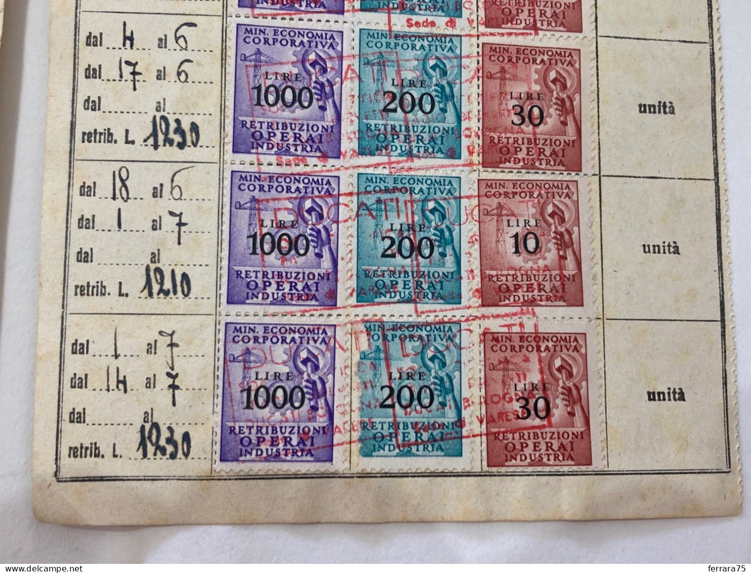 LOTTO MARCHE DA BOLLO MINISTERO ECONOMIA CORPORATIVA VARIE TIMBRO DITTA DUCATI. - Revenue Stamps