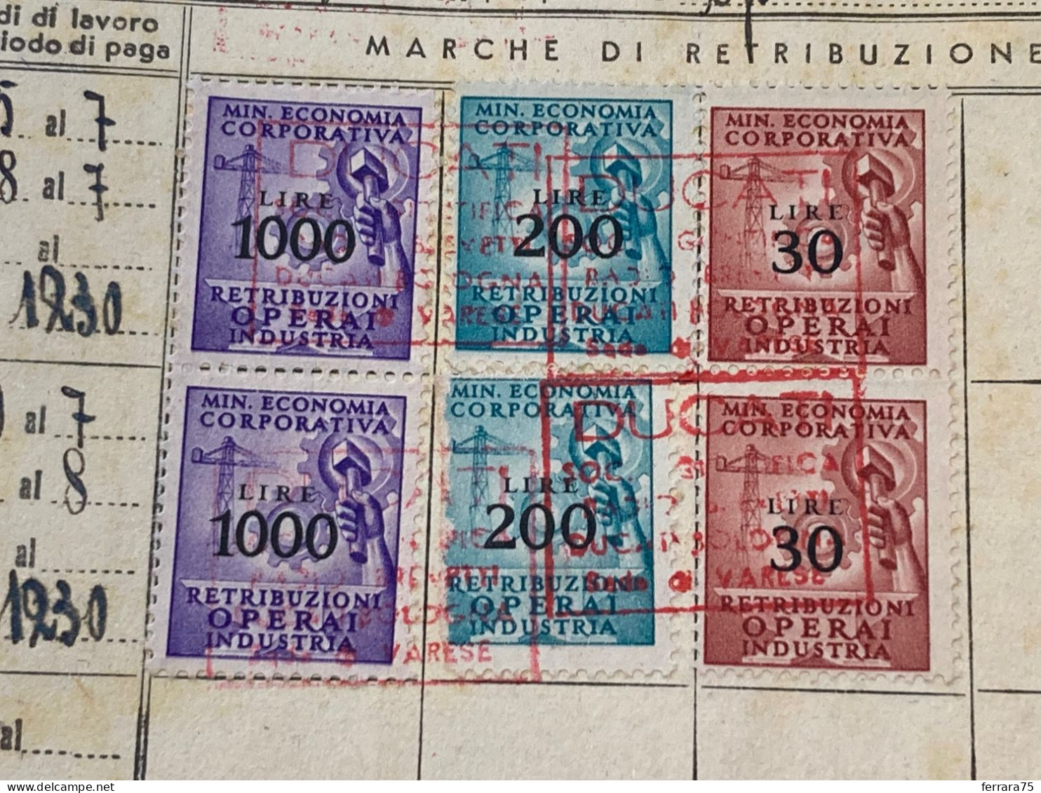 LOTTO MARCHE DA BOLLO MINISTERO ECONOMIA CORPORATIVA VARIE TIMBRO DITTA DUCATI. - Revenue Stamps