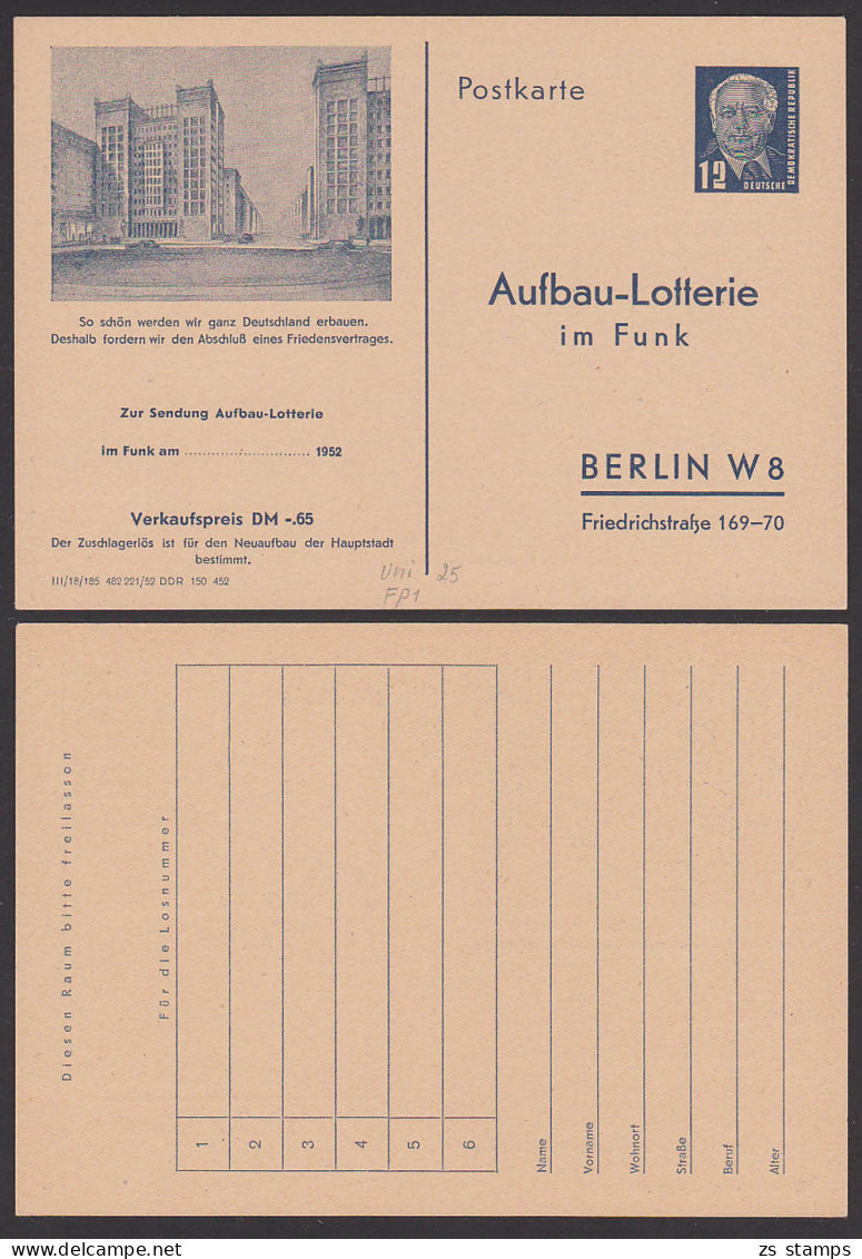 DDR FP1 Funklotterie-Postkarte * Mit Stalinallee, Jetzt Kal-Marx-Allee  (Mi. 90,-) - Postcards - Mint