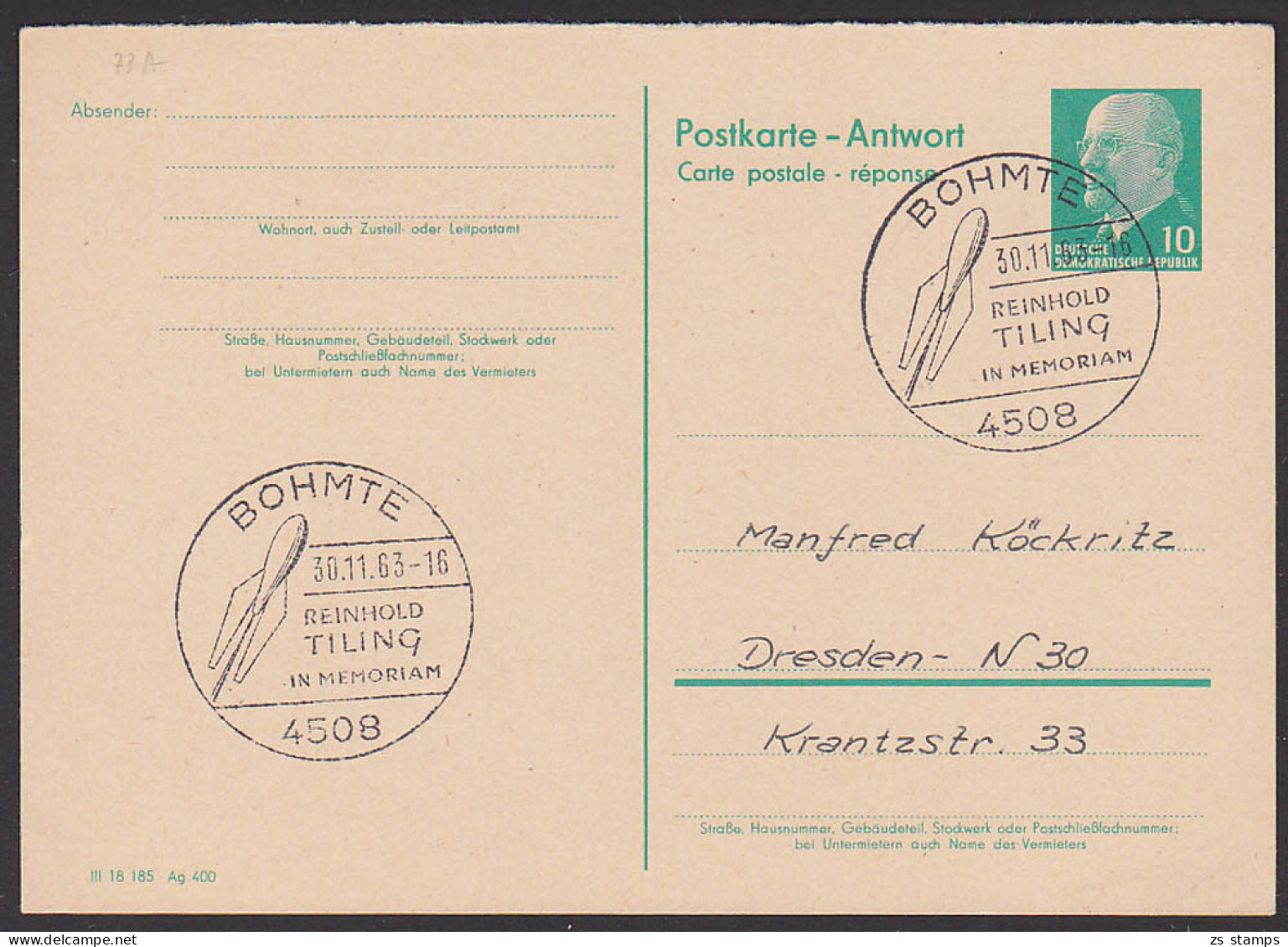 Bohmte Reinhold Tiling Im Memoriam 1963 Auf DDR-GA, Abb. Rakete - Postkaarten - Gebruikt