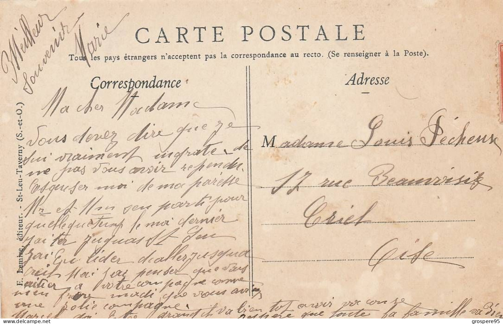 SAINT LEU TAVERNY  1910 EDITION LEMIRE PERSPECTIVE DE LA GRANDE RUE - Saint Leu La Foret