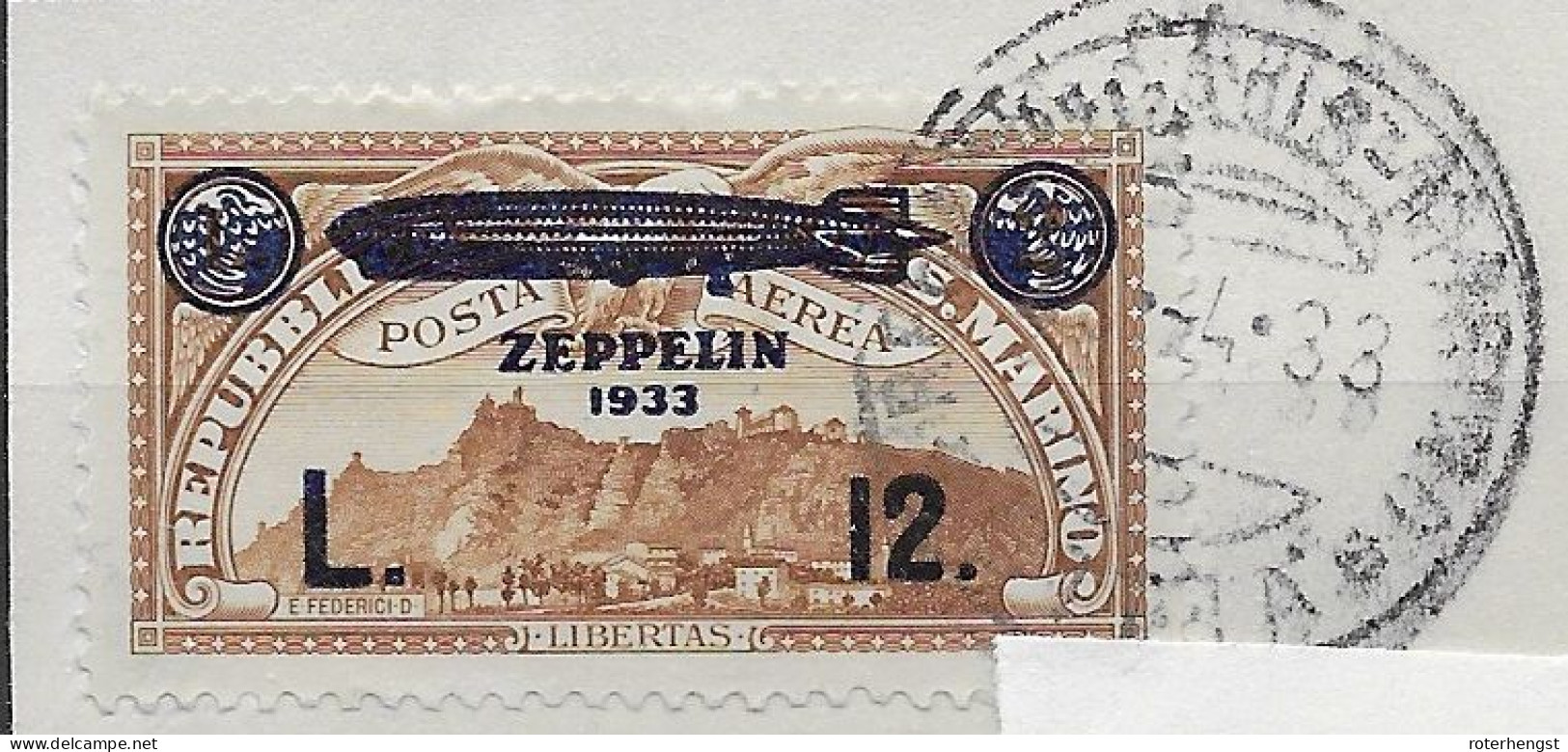 San Marino VFU TB On Fragment Zeppelin 1933 140 Euros +++ First Day Cancel 28.4.1933 - Luftpost
