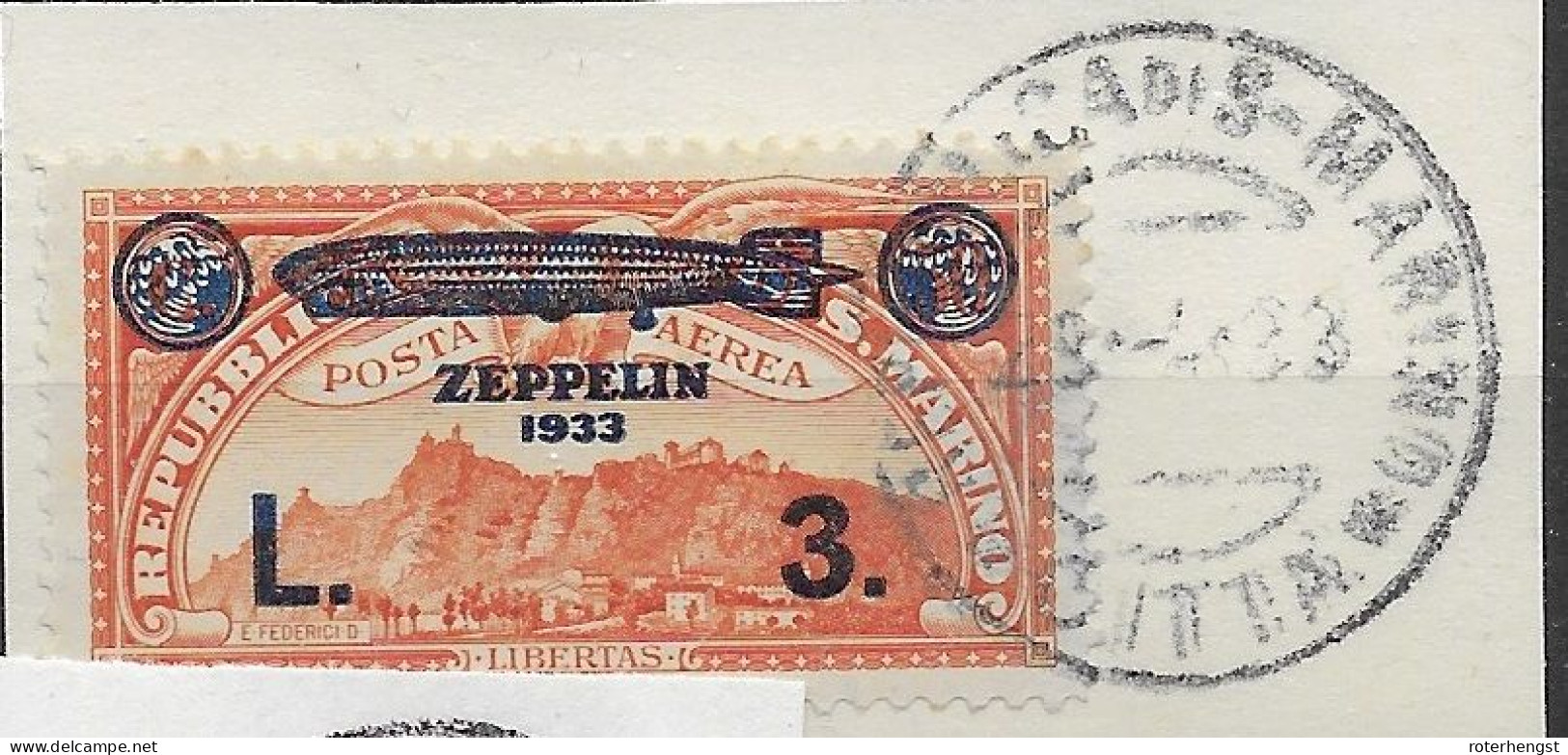 San Marino VFU TB On Fragment Zeppelin 1933 90 Euros +++ First Day Cancel 28.4.1933 - Luftpost