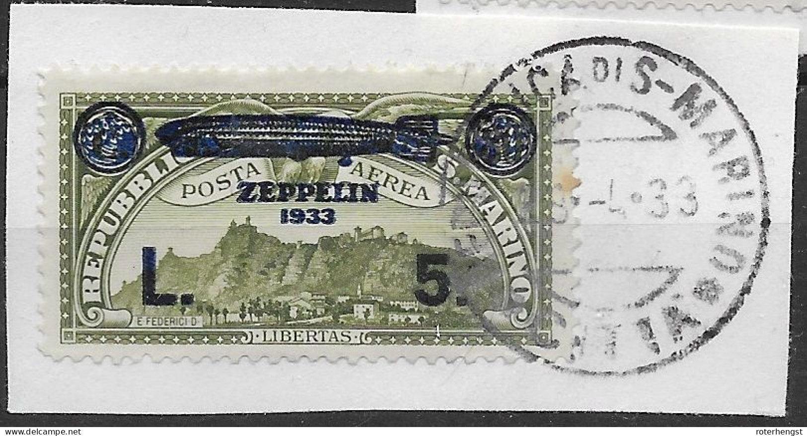 San Marino VFU TB On Fragment Zeppelin 1933 90 Euros +++ First Day Cancel 28.4.1933 - Airmail