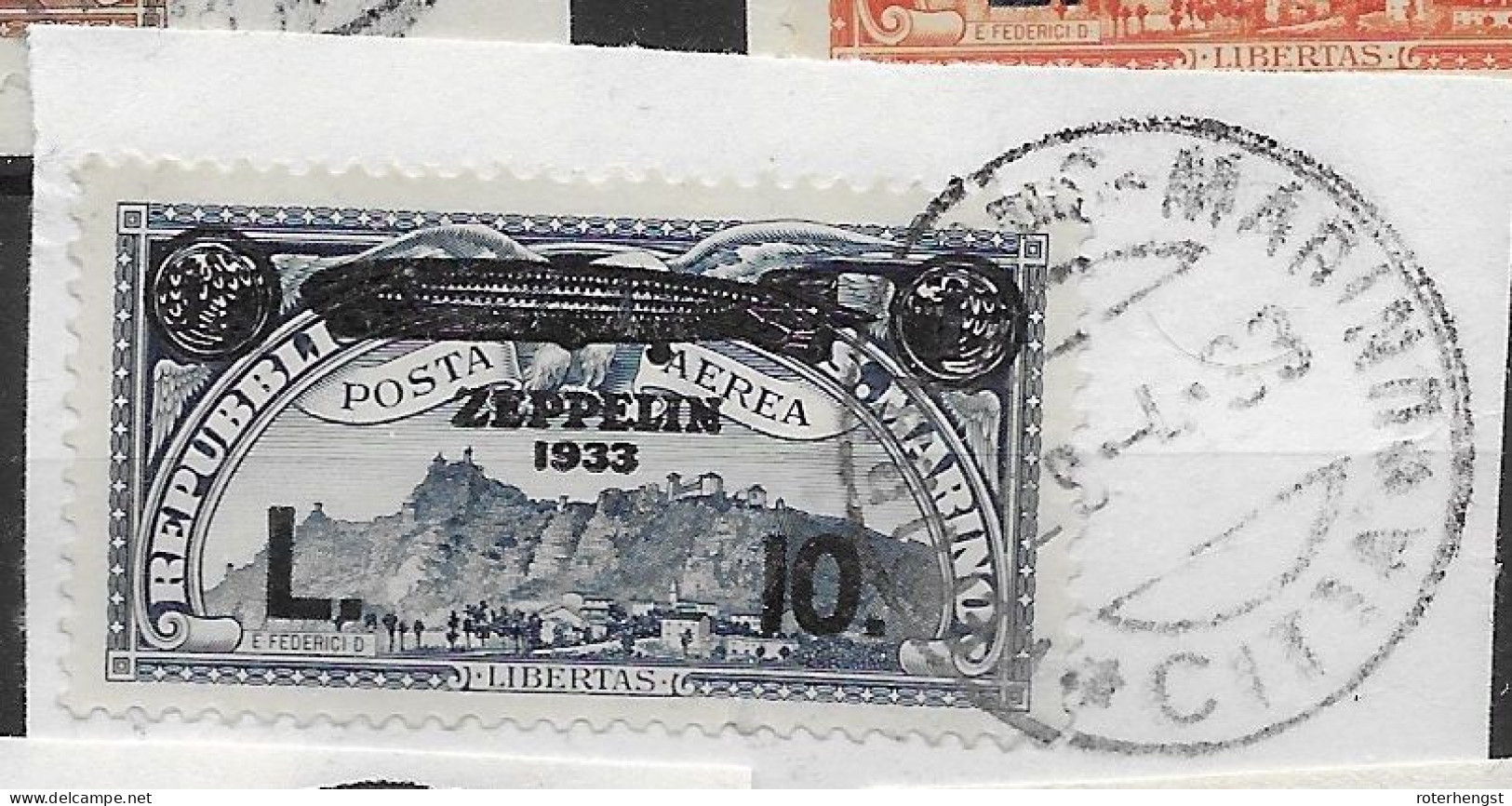 San Marino VFU TB On Fragment Zeppelin 1933 140 Euros +++ First Day Cancel 28.4.1933 - Airmail