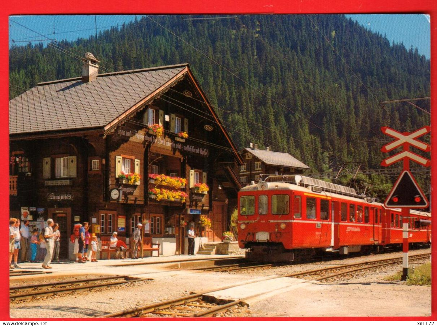ZVD-03 Bahnhof Langwies Rhätische Bahn Chur-Arosa. Foto Geiger Flims Nr 7145. Gelaufen  GF Rückseite On-line - Coira
