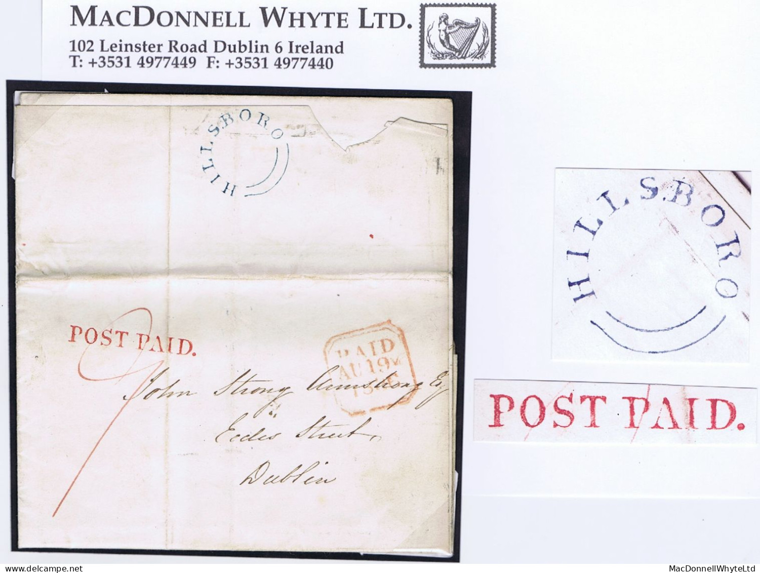 Ireland Down 1836 Printed Election Letter To Dublin With Blue HILLSBORO Udc And Red POST PAID. Of Hillsborough - Prefilatelia