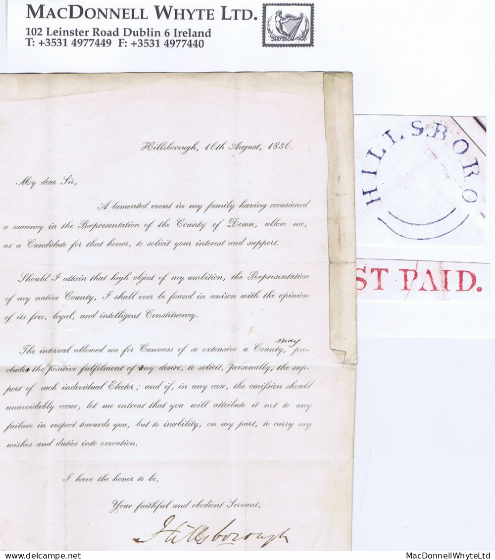 Ireland Down 1836 Printed Election Letter To Dublin With Blue HILLSBORO Udc And Red POST PAID. Of Hillsborough - Prephilately