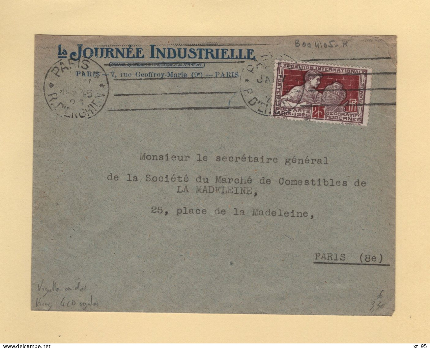 Krag - Paris 4 - 1925 - 4 Lignes Droites Inegales - Journee Industrielle - Vignette Au Dos - Mechanische Stempels (reclame)
