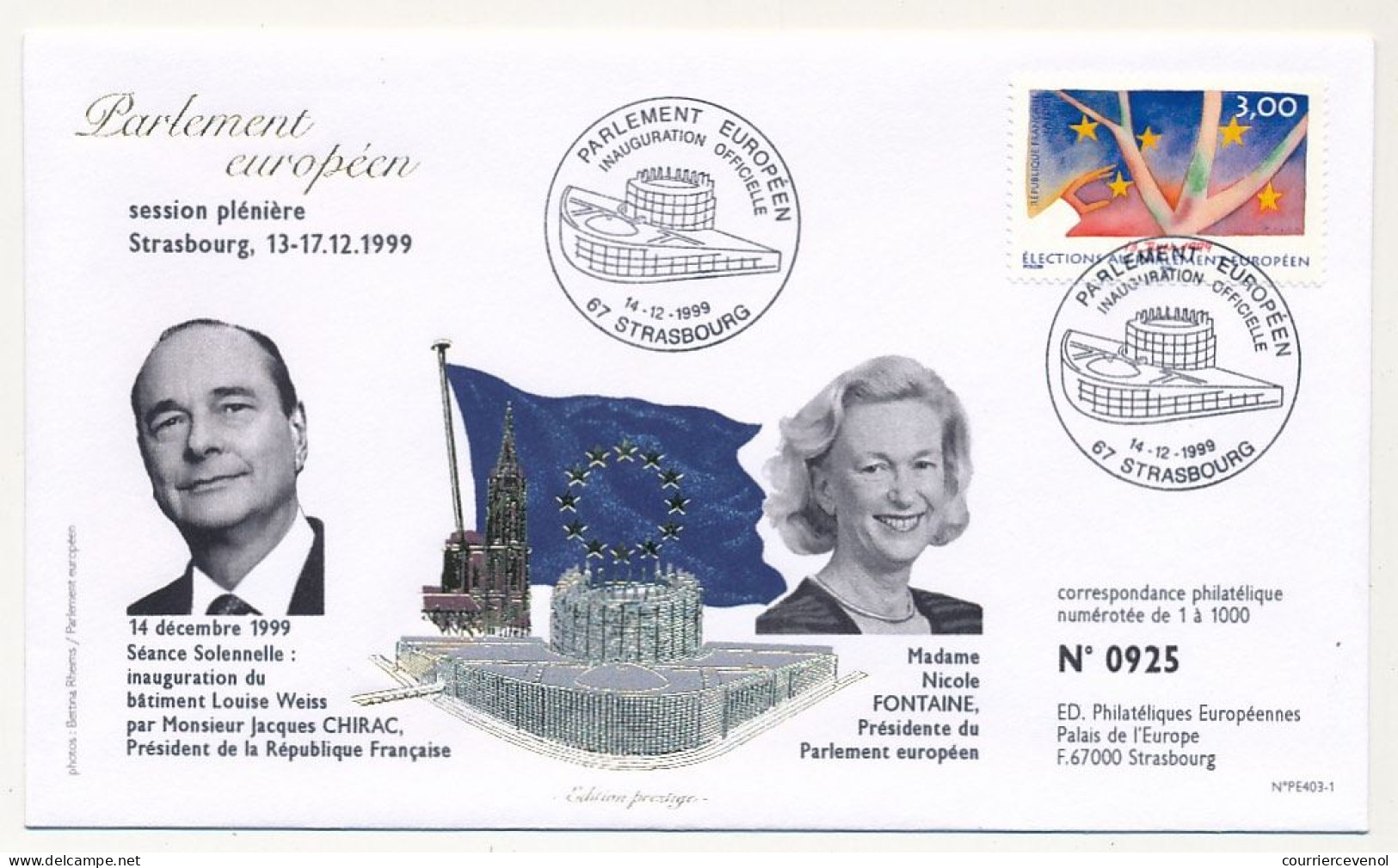 FRANCE - Env 3,00 Elections Parlement Européen Inauguration Bâtiment Louise Weiss - 14/12/1999 Strasbourg - Storia Postale