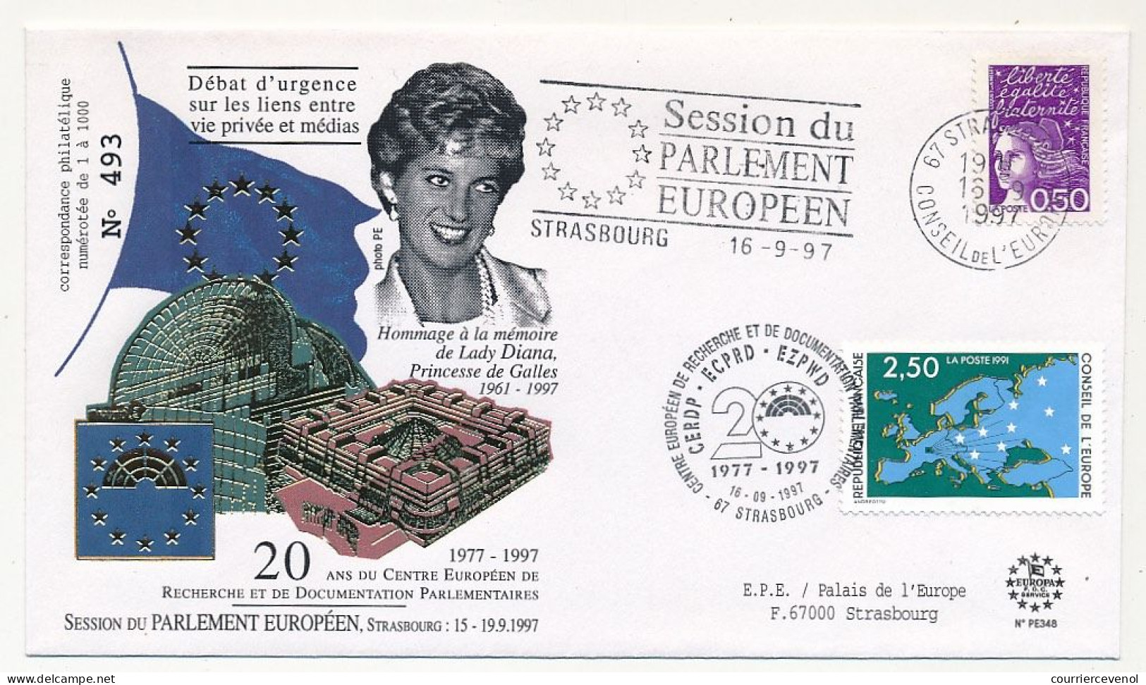 FRANCE - Env 2,50 Conseil Europe + 0,50 Marianne - OMEC Session Parlement Eur. Strasbourg 16/9/1997 - Cartas & Documentos