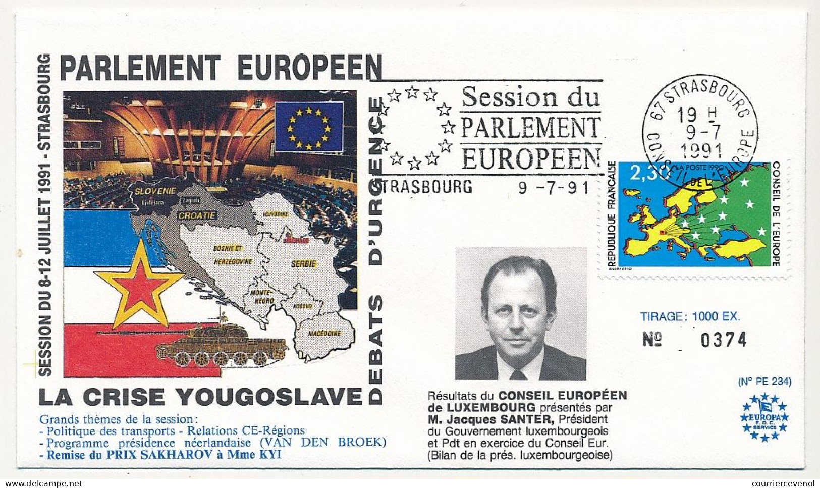 FRANCE - Env 2,30 Conseil Europe - OMEC Session Parlement Européen. Strasbourg 9/7/1991 - Cartas & Documentos