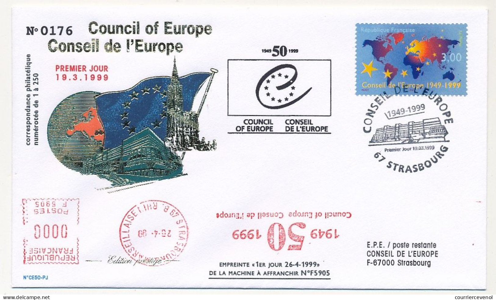 FRANCE - Env 3,00 Conseil Europe Obl Premier Jour Strasbourg 19/3/1999 + EMA 1er Jour Machine à Affranchir - Covers & Documents