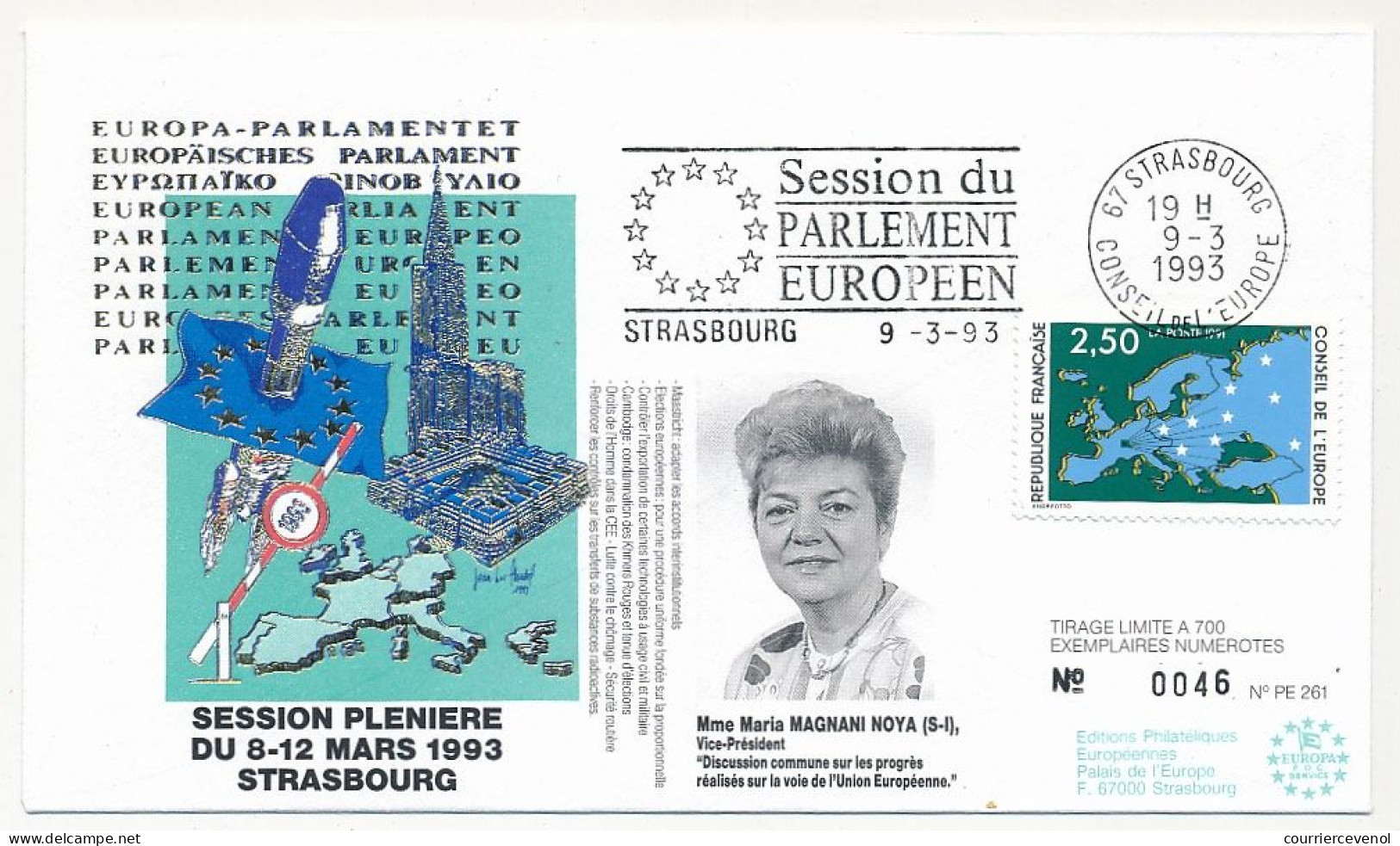 FRANCE - Env 2,50 Conseil Europe OMEC Strasbourg Session Du Parlement 9/3/1993 - Illus. Maria Magnani Noya - Covers & Documents