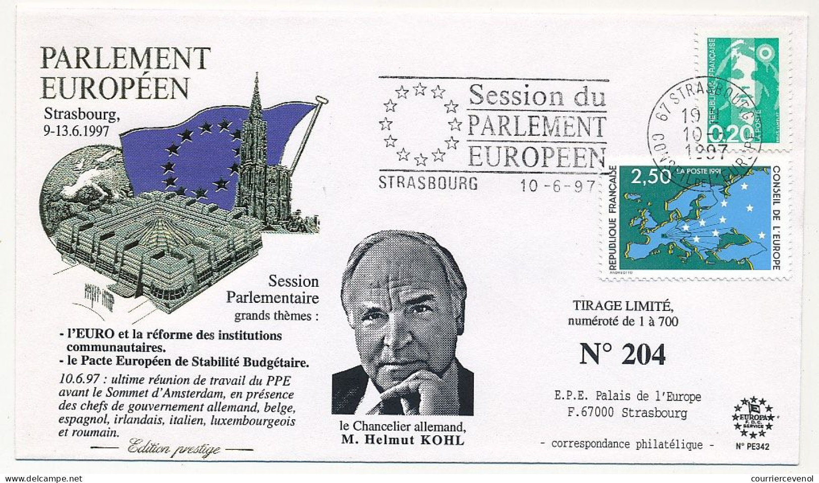 FRANCE - Env 2,50 Conseil Europe + 0,20 OMEC Strasbourg Session Parlement Eur. ...- Illus Chancelier Helmut Kohl - Briefe U. Dokumente