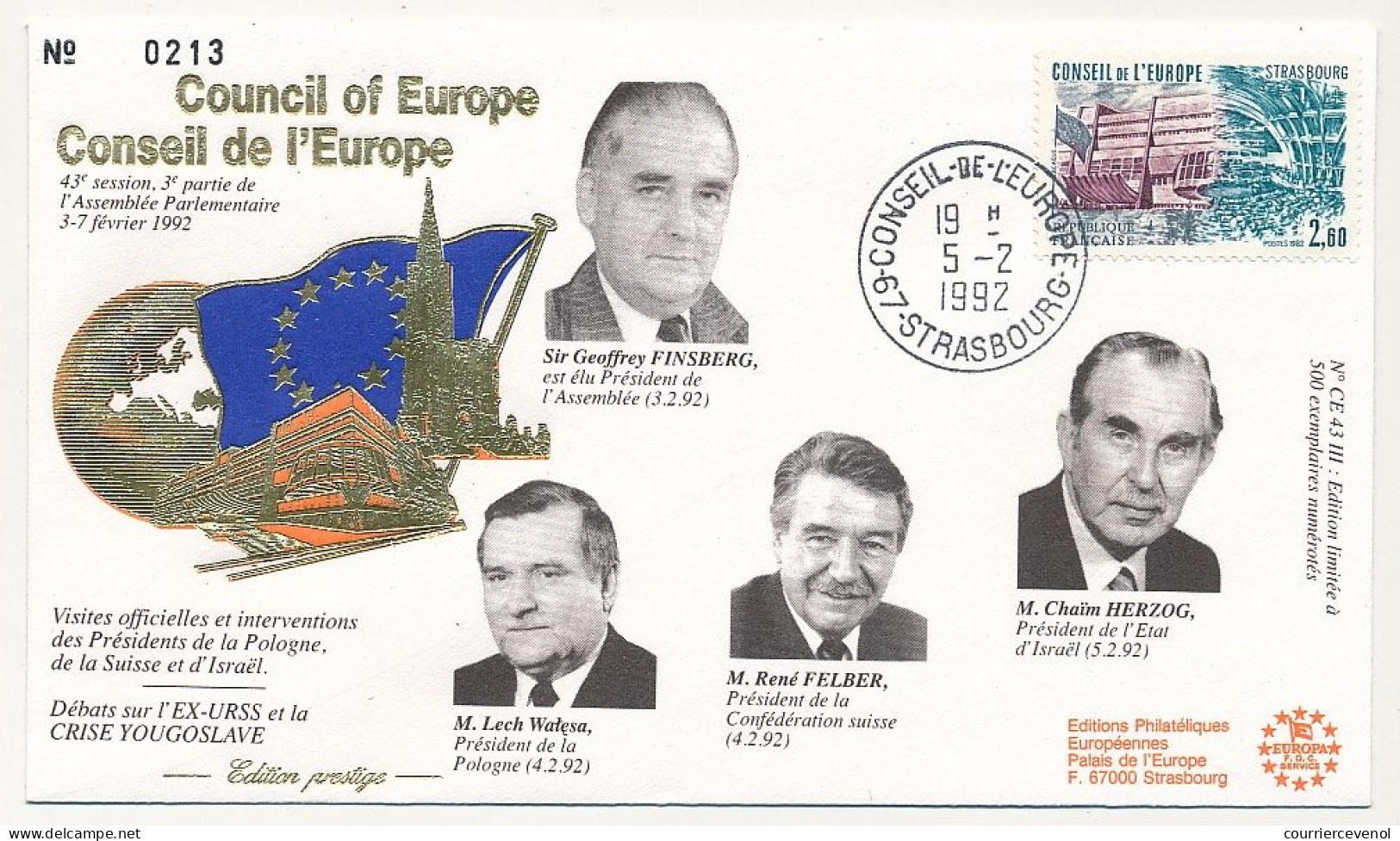 FRANCE - Env 2,00 Conseil Europe - Cad Strasbourg Conseil... 5/2/1992 - Illus. Portraits Divers - Covers & Documents