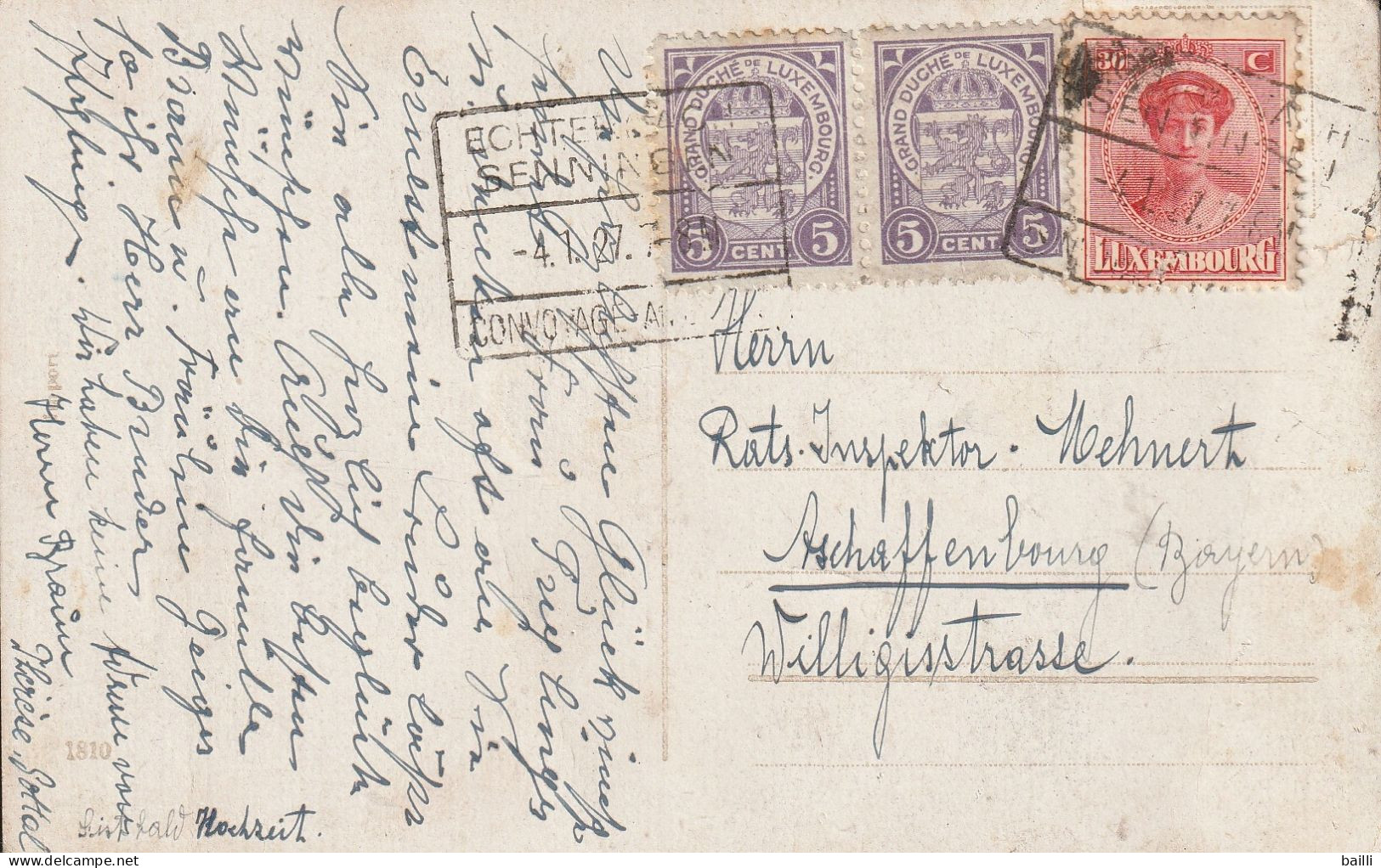 Luxembourg Cachet Ambulant Rectangulaire Sur Carte Pour L'Allemagne 1927 - 1921-27 Charlotte Di Fronte