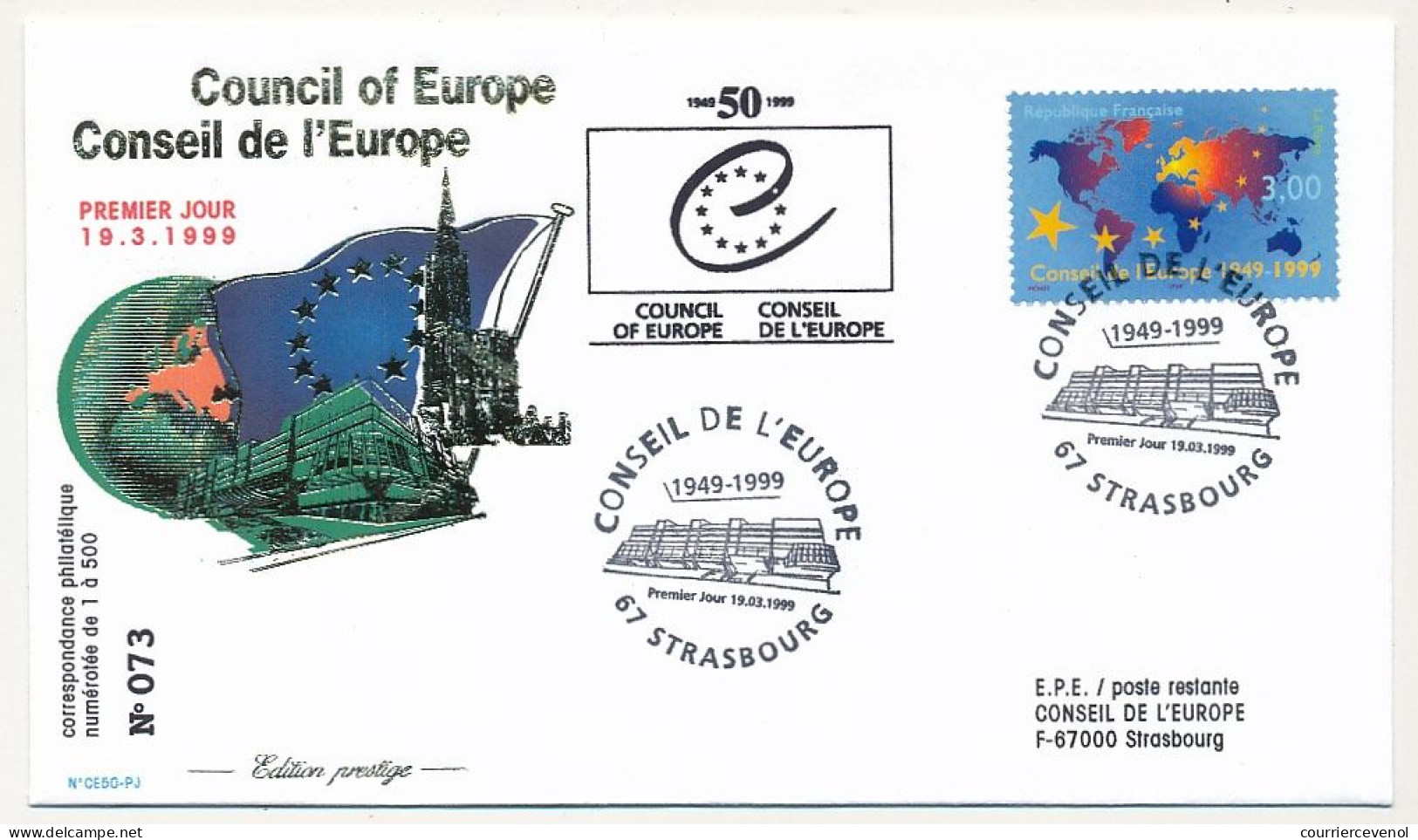 FRANCE - Env 3,00E Conseil Europe - Premier Jour Strasbourg 19/03/1999 - 1990-1999
