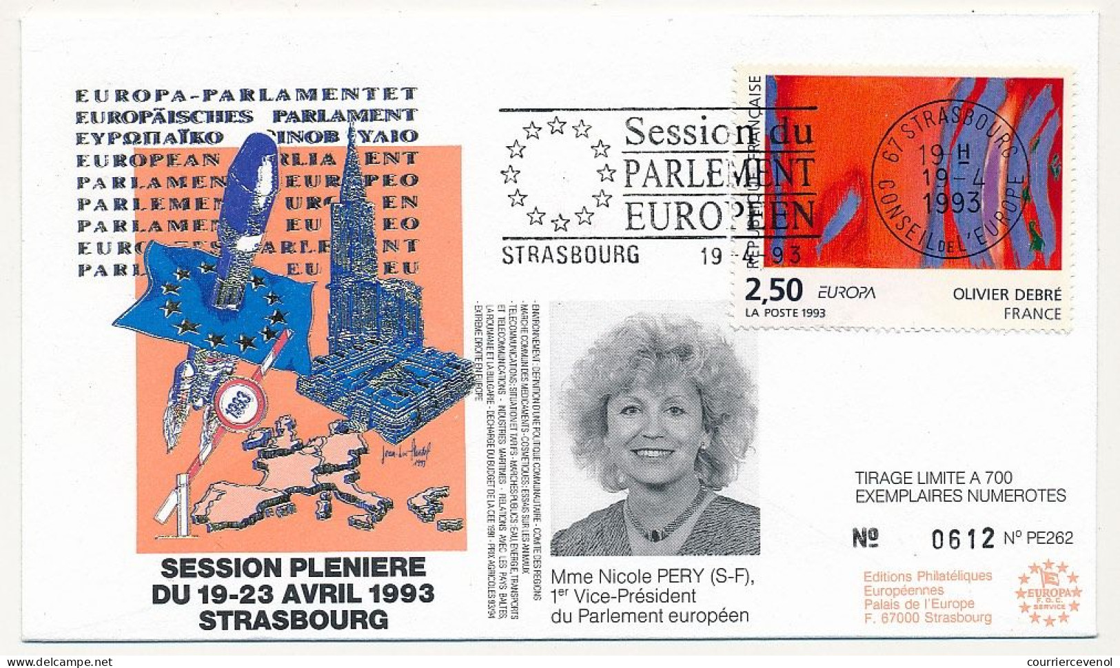 FRANCE - Env 2,50 Olivier Debré OMEC Strasbourg Session Parlement Eur. 19/4/1993 - Illus. Mme Nicole Pery - Lettres & Documents