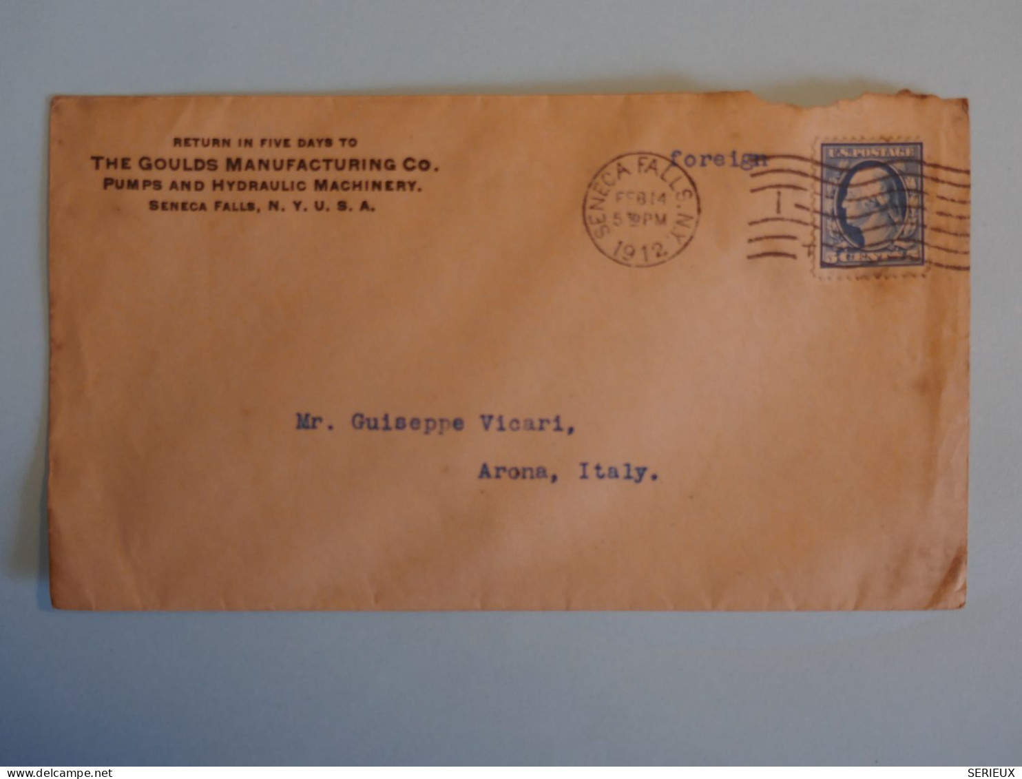 BT19  USA   BELLE LETTRE RR 1912 SENECA FALLS  A  ARONA ITALIA  +AFFR INTERESSANT++ - Briefe U. Dokumente