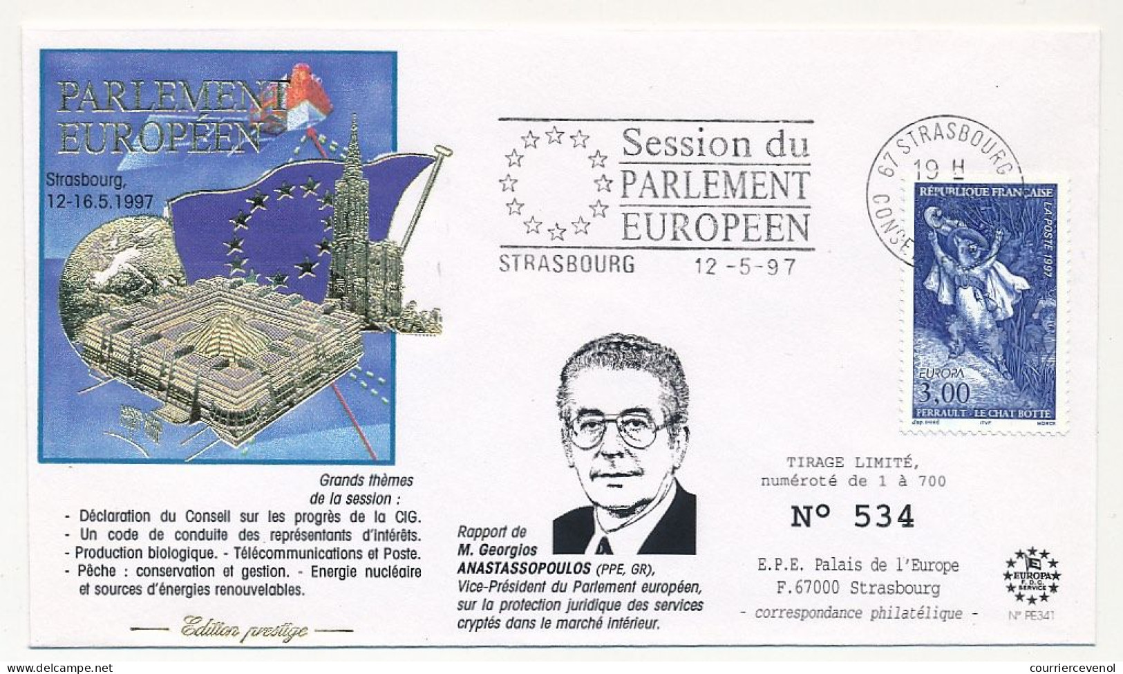 FRANCE - Env 3,00 Chat Botté OMEC Strasbourg Session Parlement Eur. 12/5/1997 - Illus. Georges Anastassopoulos - Brieven En Documenten