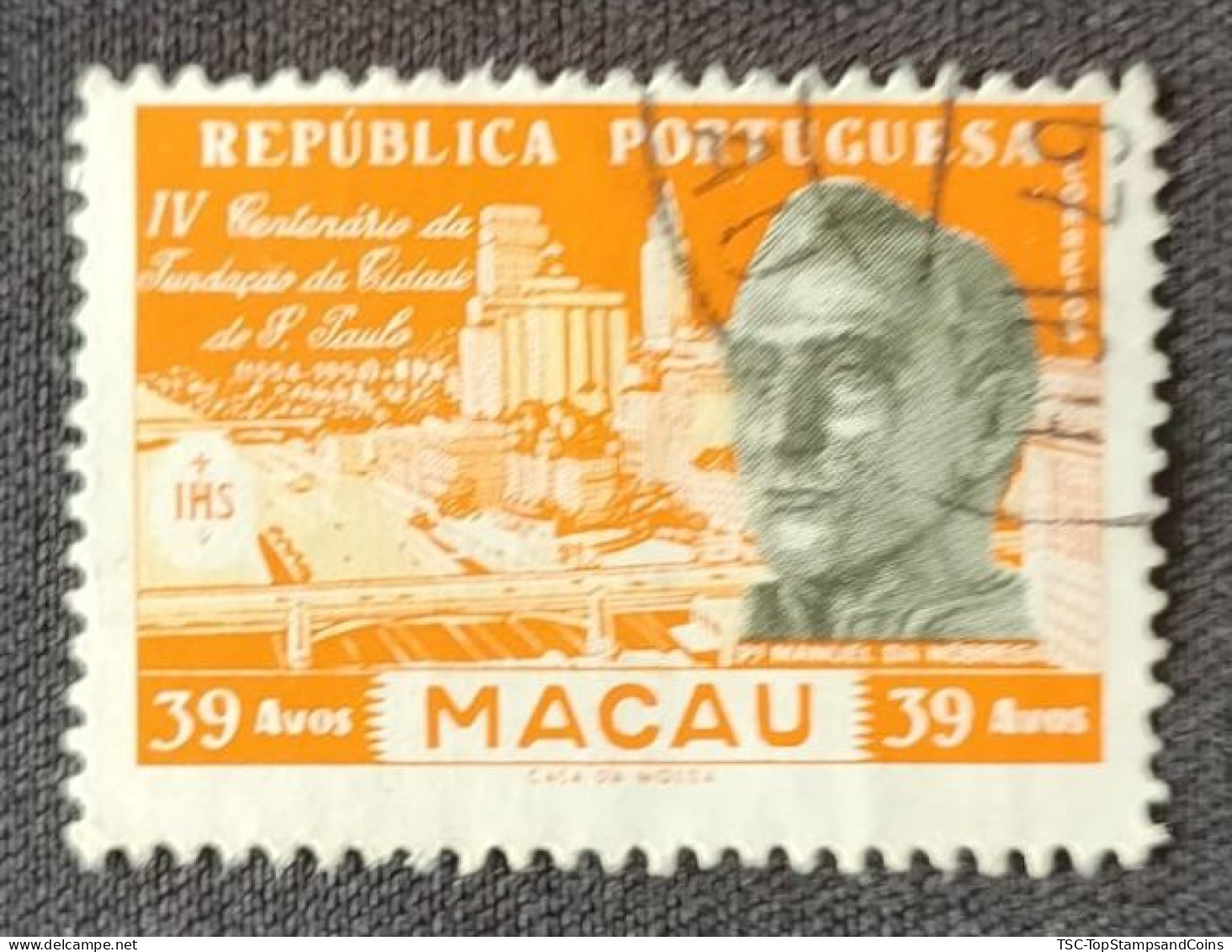 MAC5385U2 - IV. Centenary Of The Foundation Of The City Of S. Paulo - 39 Avos Used Stamp - Macau - 1954 - Gebruikt