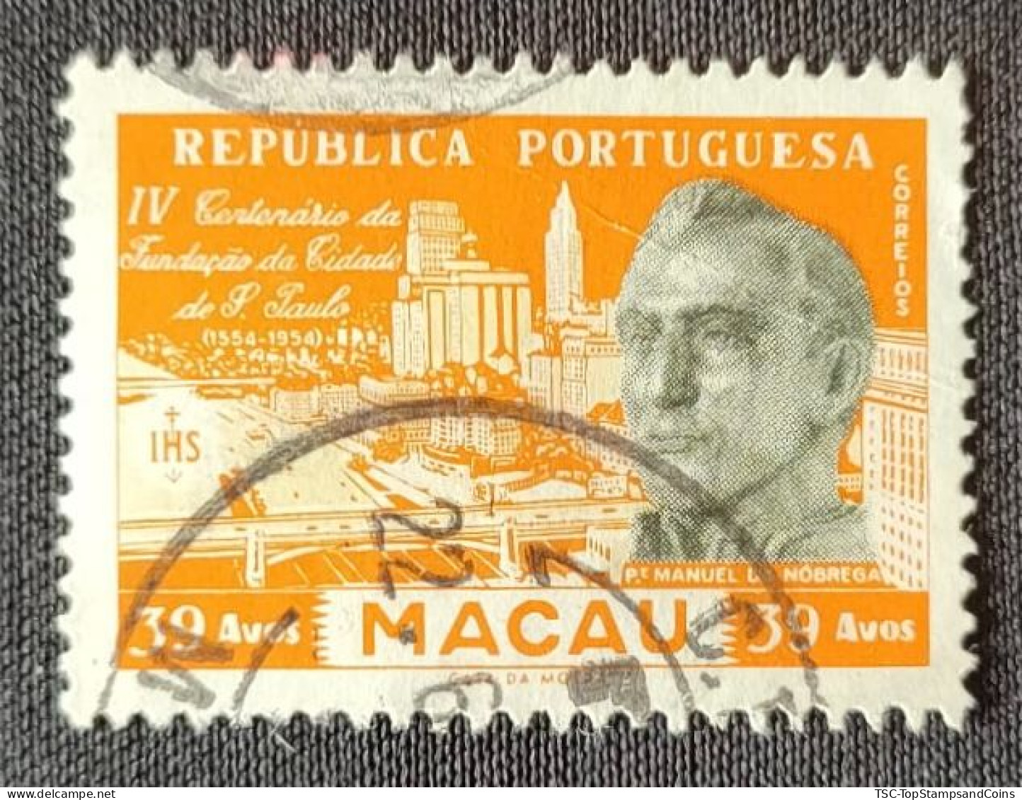 MAC5385U4 - IV. Centenary Of The Foundation Of The City Of S. Paulo - 39 Avos Used Stamp - Macau - 1954 - Used Stamps