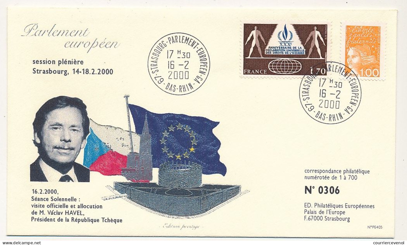 FRANCE - Env 1,70 Droits De L'Homme + 1,00 Marianne - Cad Strasbourg Parlement Européen GA 16/2/2000 - Vaclav Havel - Lettres & Documents